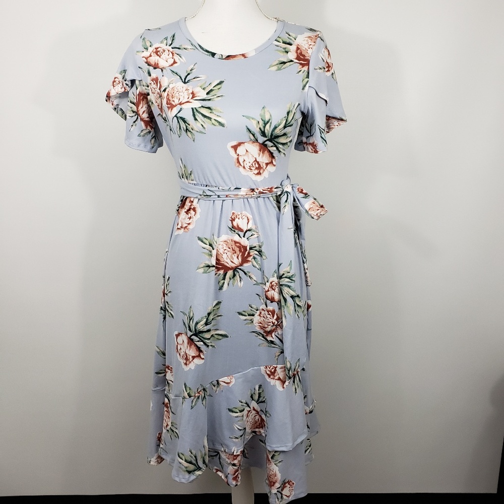 Womens soft stretchy floral modest faux wrap dress - Picture 2 of 8